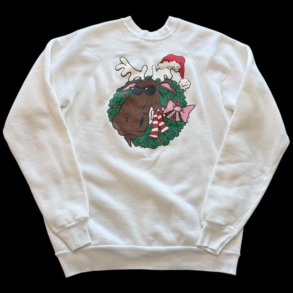 Vintage Tultex Sweatshirt Mens XL White Moose Christmas Wreath Fleece USA 90s